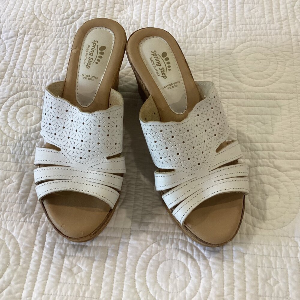 Spring Step White Leather Cork Wedge Sandal Italy size 9